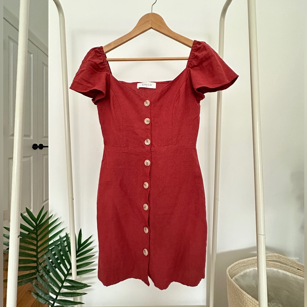 Pinkyotto - casual dark red linen shoulder dress SIZE S